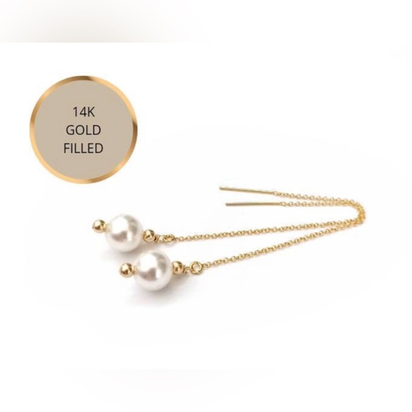 Pearl Thread earrings 14k gold filled Threader natural pearl handmade - Picture 1 of 3